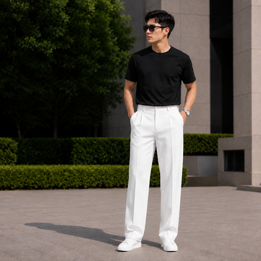 Loose Fit Solid Korean Pants Stretchable (White) - XXL